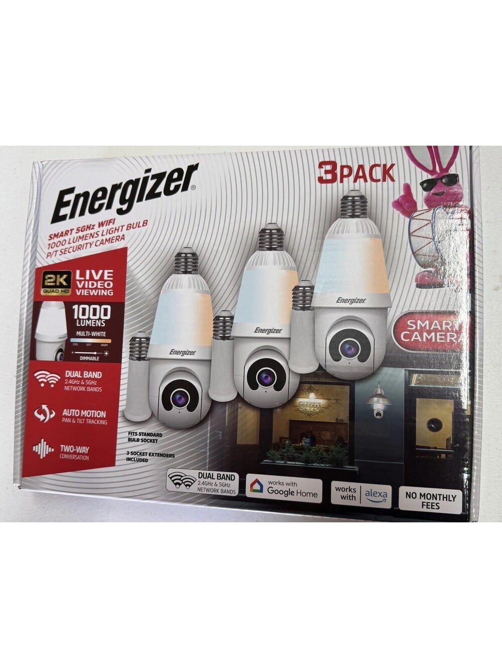 Energizer 2K Pan Tilt WiFi Camera 5GHz 1000LM Smart Light Bulb 3 Pack NEW